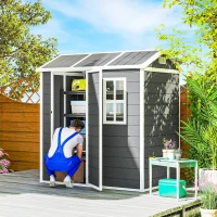 Outsunny Tuinhuis, Gereedschapsschuur met Bodem, Raam, Afsluitbare Deur, Kunststof-Harz, Weerbestendig, Grijs(m-10)