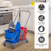 HOMCOM Chariot de lavage chariot de nettoyage professionnel presse à mâchoire 2 seaux 25 L 73L x 45l x 92H cm plastique gris bleu rouge(m-4)