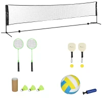 SPORTNOW Conjunto Completo de Peteca Ténis de Mesa e Voleibol 3 em 1 Jogos Desportivos Ao Ar Livre com Rede Altura Ajustável(m-1)