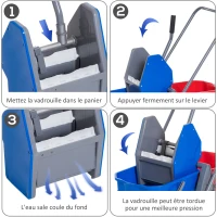 HOMCOM Chariot de lavage chariot de nettoyage professionnel presse à mâchoire 2 seaux 25 L 73L x 45l x 92H cm plastique gris bleu rouge(m-6)