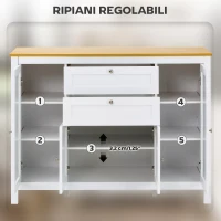 HOMCOM Mobile Cucina con 2 Cassetti e 3 Armadietti, Ante in Vetro e Ripiani Regolabili, 120x40x90 cm, Bianco e Rovere(m-5)