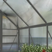 Outsunny Serre de jardin en polycarbonate 4,8 m²avec fondation, lucarne réglable, porte coulissante 1,9x2,53x1,99m transparent(m-9)