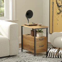 HOMCOM Mesa Lateral Mesa de Cabeceira com 2 Tomadas Porta USB 1 Porta Tipo C Cabo de 143 cm Gavetas e Prateleira Madeira Natural(m-4)