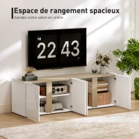 HOMCOM Meuble TV, banc TV avec 4 portes à fermeture amortie, étagère réglable et passe-câbles, 135 x 38 x 45 cm, blanc(m-6)