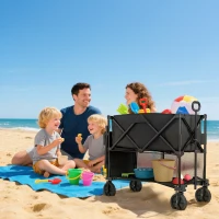 Outsunny Double Decker Folding Festival Trolley on Wheels, 200KG & 350L Capacity Collapsible Wagon Festival Trolley Cart with 134cm Extended for Camping Sports Shopping Garden and Beach, Black(m-9)