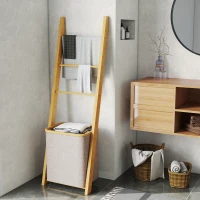 HOMCOM Étagère pour Salle de Bain en Bambou Porte-Serviettes sur Pied avec 3 Barres Panier à Linge Amovible de 48 L Crème(m-4)