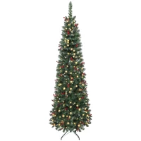 HOMCOM Árbol de Navidad Artificial Estrecho 230 cm con Luces LED 7 Modos de Iluminación 761 Ramas Piñas Bayas y Soporte Verde(m-11)