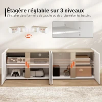 HOMCOM Meuble TV, banc TV avec 4 portes à fermeture amortie, étagère réglable et passe-câbles, 135 x 38 x 45 cm, blanc(m-7)