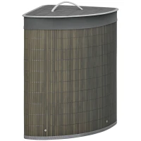 HOMCOM Cos de rufe din bambus pentru colt 55L cu capac si sac detasabil 38 x 38 x 57 cm gri(m-1)