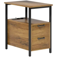 HOMCOM Mesa Lateral Mesa de Cabeceira com 2 Tomadas Porta USB 1 Porta Tipo C Cabo de 143 cm Gavetas e Prateleira Madeira Natural(m-1)