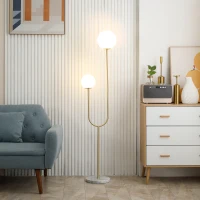 HOMCOM Candeeiro de Pé em Metal Candeeiro de Pé Dourado para Sala com 2 Abajures Globos Brancos em Vidro Fosco 25W 33x25x155,5 cm(m-2)