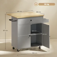 HOMCOM Insulă de Bucătărie cu Aripioară Rabatabilă 2 Uși Sertar Suport pentru Condimente Și Stend Reglabil 106x42x87 cm Gri și Stejar(m-3)