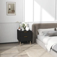 HOMCOM Noptiera, masa de noapte canelata cu 2 sertare si picioare din otel, pentru dormitor, sufragerie, negru(m-2)