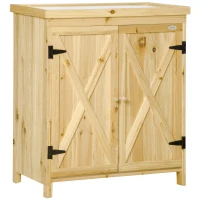 Outsunny Armário de jardim Armário de armazenamento de Jardim Plateau em Metal Galvanizado Madeira Maciça 80x45x92 cm Madeira Natural(m-1)