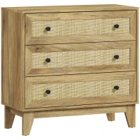 HOMCOM Comoda cu 3 Sertare Comoda de Lemn cu Frontale din Ratan Stil Cannage pentru Dormitor 80x35x76 cm Natural(m-7)