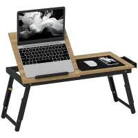 HOMCOM Mesa de Cama Dobrável e Ajustável Tampo de Cama para Laptop em Bambu Inclinável Gaveta Carvalh(m-7)