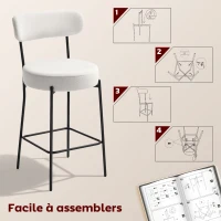 HOMCOM Lot de 2 tabourets de bar en tissu bouclette, chaises de bar avec dossier courbé, repose-pieds, 49x52x95cm, crème(m-7)