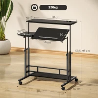 HOMCOM Escritorio Elevable con Ruedas Enchufes Puertos USB Altura Ajustable Panel Central Inclinado y Estante 80x60 cm Negro(m-3)