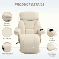 HOMCOM Manual Recliner Chair with Footrest, Upholstered Reclining Armchair with Adjustable Backrest and Cup Holder, PU Leather Swivel Chair for Living Room, Bedroom, Cream White(m-5)
