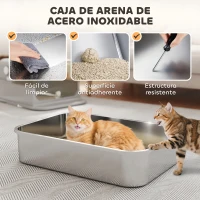 PawHut Arenero para Gatos de Acero Inoxidable XXL con Tapa Abatible Laterales Altos Entrada Superior Pala Gris(m-4)