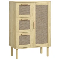 HOMCOM Armoire mobilier de depozitare stil boem cu 3 sertare și 3 rafturi, fațadă din răchită țesută, compact, 55 x 30 x 82 cm(m-1)