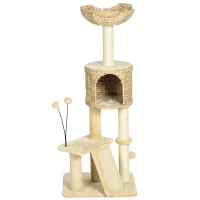 PawHut Arbre à chat înălțime 116 cm casetă coș platforme pompoane din pluș și iasomie de apă - bej(m-6)