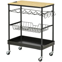 HOMCOM Masă de bucătărie cu roți și suport multifuncțional cu suport pentru sticle, coș detașabil, tavă și 4 cârlige pentru bucătărie, living 60,5x35,5x75 cm Negru și stejar(m-5)