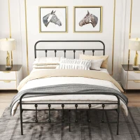 HOMCOM Cadru de pat 140 x 200 cm 2 persoane din oțel somieră cu lame cap de pat și picior de pat depozitare sub pat negru(m-5)