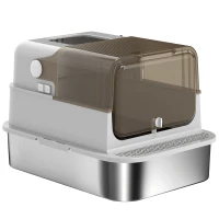 PawHut XXL Edelstahl-Katzentoilette mit Klappdeckel, Katzenklo mit Schaufel, für große Katzen bis zu 12 kg, leicht zu reinigen(m-10)