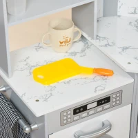 AIYAPLAY Cozinha Infantil em Madeira com 17 Acessórios Legumes de Plástico Botões e Luzes Touca 3-6 Anos Cinza Branco(m-5)