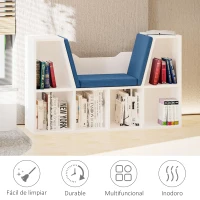HOMCOM Librería con Asiento Estantería de Libros con 6 Cubos Cojín para Sala de Estar Dormitorio 102x30x61cm Blanco y Azul(m-7)