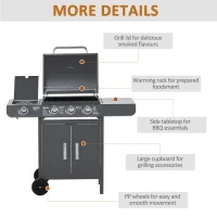 Outsunny 3+1 Burner Gas BBQ Grill, Outdoor Barbecue Trolley with Wheels, Warming Rack, Side Shelves, Cabinet, Thermometer for Garden, Party, Camping, 110L x 50W x 100Hcm, Grey(m-7)