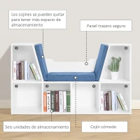 HOMCOM Librería con Asiento Estantería de Libros con 6 Cubos Cojín para Sala de Estar Dormitorio 102x30x61cm Blanco y Azul(m-6)