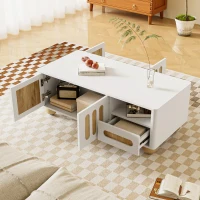Table basse avec éclairage LED, 4 portes, 2 tiroirs, pieds de table sphériques, 105x50x40 cm, Couleur naturelle + Blanc(m-6)