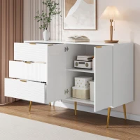 Credenza con ante e ripiani interni, cassetti, maniglie e gambe dorate, 120x38x80,5 cm, Bianco(m-5)