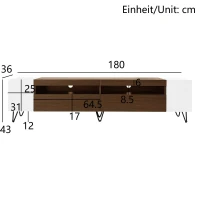Meuble TV avec aspect bois, 2 compartiments ouverts, étagères latérales, 180x36x43 cm, Blanc+Couleur naturelle(m-3)