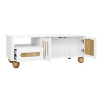 Table basse avec éclairage LED, 4 portes, 2 tiroirs, pieds de table sphériques, 105x50x40 cm, Couleur naturelle + Blanc(m-15)