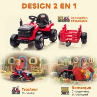 AIYAPLAY Tracteur électrique enfants avec remorque amovible, voiture électrique enfants, télécommande 2,4G, 139x58x55cm, rouge(m-5)