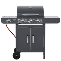 Outsunny 3+1 Burner Gas BBQ Grill, Outdoor Barbecue Trolley with Wheels, Warming Rack, Side Shelves, Cabinet, Thermometer for Garden, Party, Camping, 110L x 50W x 100Hcm, Grey