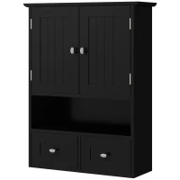 kleankin Wandmontierter Badezimmerschrank Hängeschrank Wandmontierter Badezimmerschrank mit 2 Türen und 2 Schubladen 50,8x17,8x66 cm Schwarz(m-6)
