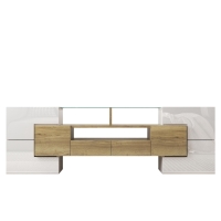 Mueble TV con iluminación LED, superficies de cristal, con 6 puertas, 2 cajones y 3 compartimentos, 145x30x51 cm, Blanco+Oro