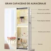 HOMCOM Espejo Joyero con Luces LED Armario para Joyas de Giro de 360° Cerradura y Llaves Superficie Blanco y Forro Beige(m-6)