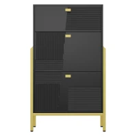 Armoire à chaussures avec 2 portes rabattables et étagères à chaussures à double couche, 1 tiroir, poignées et pieds dorés, 65x25x120,5 cm, Noir+Or(m-2)