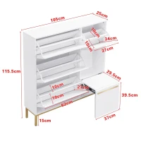 Armoire à chaussures avec tabouret de changement de chaussures, pour couloirs et chambres, 105x25x115,5 cm, Blanc+Or(m-3)