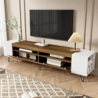 Meuble TV avec aspect bois, 2 compartiments ouverts, étagères latérales, 180x36x43 cm, Blanc+Couleur naturelle(m-7)