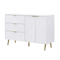 Credenza con ante e ripiani interni, cassetti, maniglie e gambe dorate, 120x38x80,5 cm, Bianco(m-2)