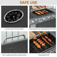 Outsunny 3+1 Burner Gas BBQ Grill, Outdoor Barbecue Trolley with Wheels, Warming Rack, Side Shelves, Cabinet, Thermometer for Garden, Party, Camping, 110L x 50W x 100Hcm, Grey(m-6)