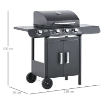 Outsunny 3+1 Burner Gas BBQ Grill, Outdoor Barbecue Trolley with Wheels, Warming Rack, Side Shelves, Cabinet, Thermometer for Garden, Party, Camping, 110L x 50W x 100Hcm, Grey(m-3)