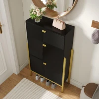 Armoire à chaussures avec 2 portes rabattables et étagères à chaussures à double couche, 1 tiroir, poignées et pieds dorés, 65x25x120,5 cm, Noir+Or(m-5)