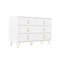 Credenza con 6 cassetti, maniglie e gambe dorate, texture ondulata, 120x40x77 cm, Bianco e Oro(m-2)